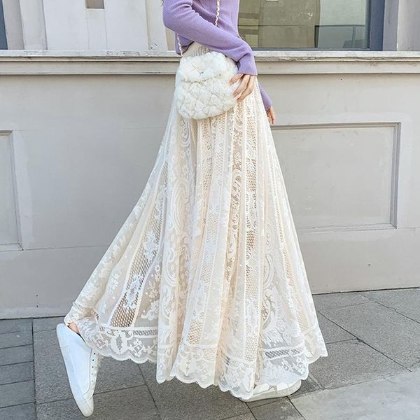 

skirts 2021 spring summer women ankle-length long skirt lace korean elegant flare sweet high waist wild lady, Black