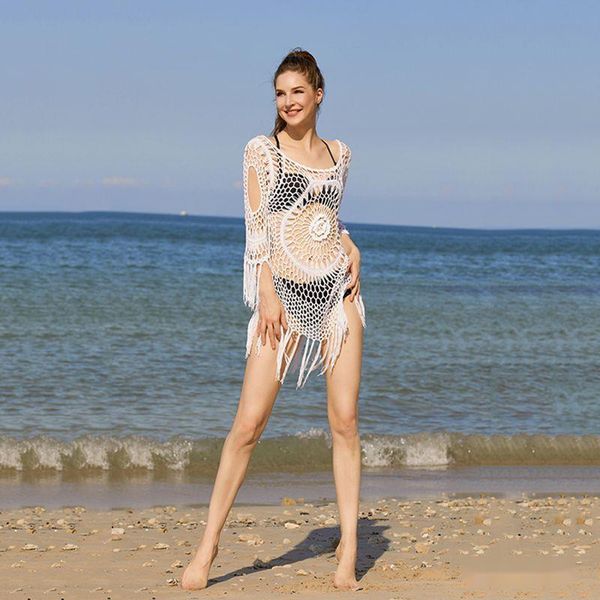 Damen-Badebekleidung, sexy weiße Häkel-Bikini-Vertuschungen mit Fransenbesatz, aushöhlen, Tunika, Strandkleid, Sommer-Vertuschung, Badeanzug