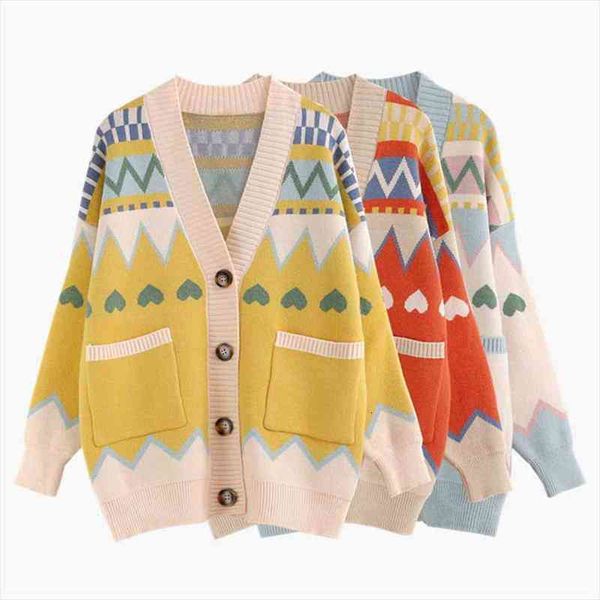 

knitted oversize female cardigan heart womens sweaters printed coat autumn winter loose thicken jacket, White;black