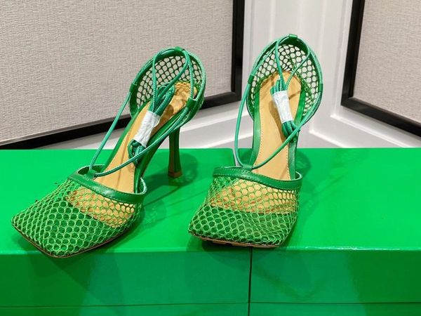 

2022 fashion designer mesh strap with high heel square sandals is a must for girls in summerincluding boxes and bags, Black