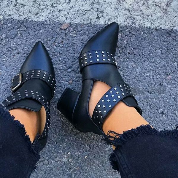 

dress shoes women's martin boots vintage hollow ankle rivet pointed toe rubber square heel gothic shoes punk red botines v449, Black