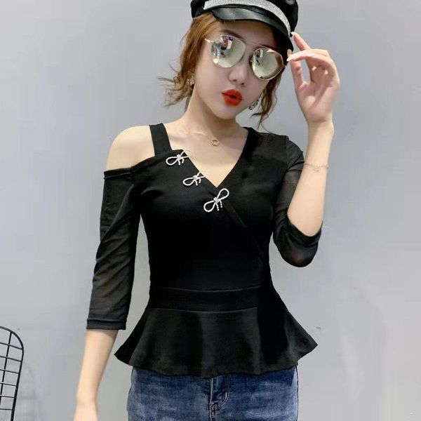 

women's t-shirt summer 2021 quarter sleeve slim v-neck, White