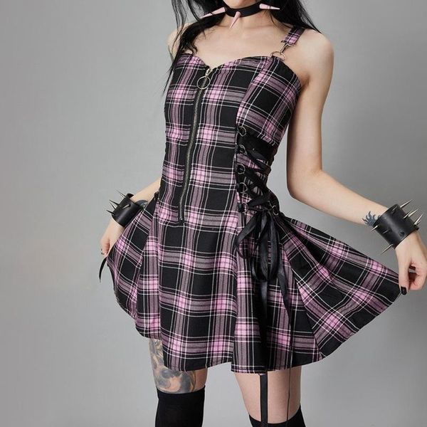 

casual dresses high waist backless mini dress plaid mall goth grunge punk black emo partywear lace up club, Black;gray