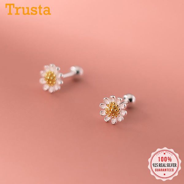 

trustdavis real 925 sterling silver fashion minimalist sweet flower bead screw stud earring for women wedding fine jewelry ds543, Golden;silver