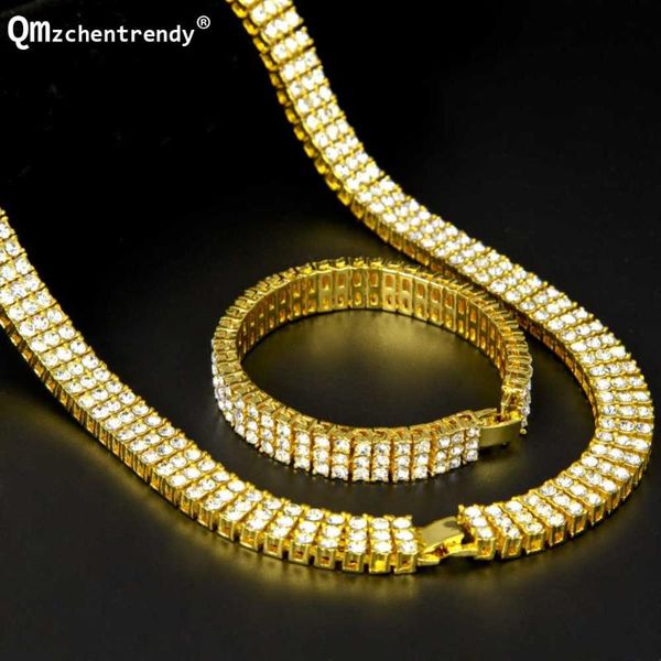 

earrings & necklace men hip hop rock bling 3 three rows rhinestone pharaoh jewelry set miami cuban chain tennis bracelet, Silver