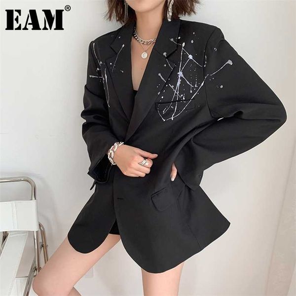 

[eam] women black pattern printed big size blazer lapel long sleeve loose fit jacket fashion spring autumn 1z407 211019, White;black