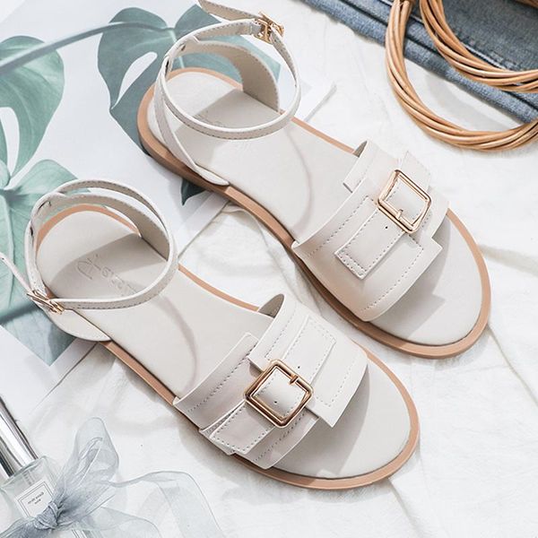 

sandals women 2021 fashion buckle strap retro roman style pu leather casual black summer dress 43