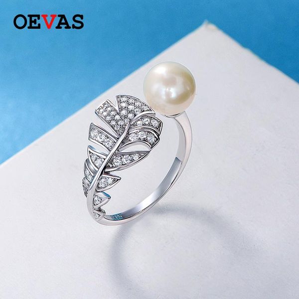

cluster rings oevas 100% 925 sterling silver sparkling high carbon diamond feather 8mm pearl for women engagement party fine jewelry, Golden;silver