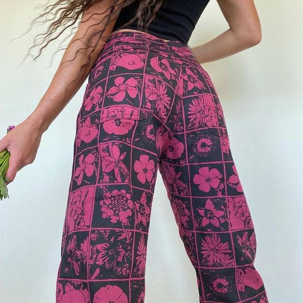 

women's jeans y2k female vintage plaid floral print straight 2021fashion boyfriends high waisted denim pants for women capris streetwea, Blue