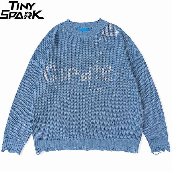 

knitted hip hop streetwear harajuku spider letter print ripped pullover cotton casual 2021 men autumn sweater black blue