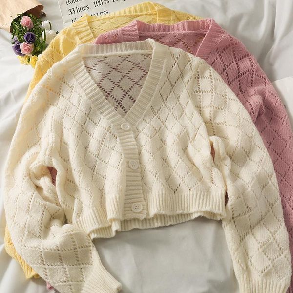 

women's knits & tees sweaters wild v neck white hollow out cardigan crop single-breasted long-sleeved plaid knitted coat solid sueters