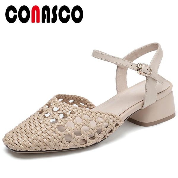 

dress shoes conasco 2021 women sandals cross-tied pumps high heels fashion concise casual genuine leather fretwork round toe woman, Black