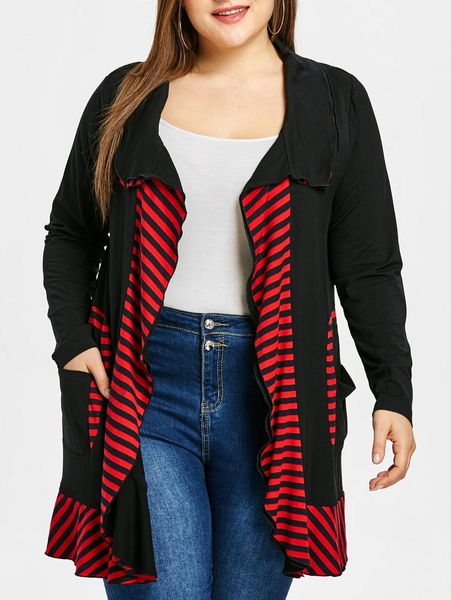 

women's trench coats plus size striped ruffled coat, Tan;black