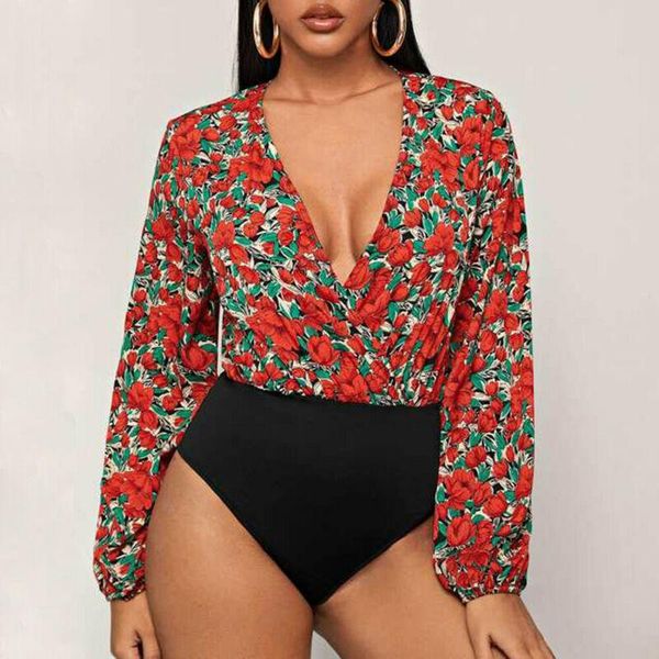 

women's jumpsuits & rompers women v-neck long sleeve floral bottoming jumpsuit romper blouse shirt, Black;white