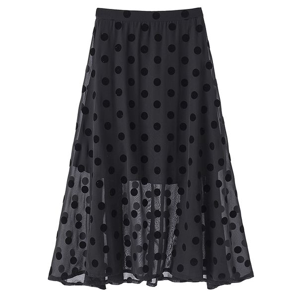 

black polka dot a line chiffon midi skirt empire summer casual s0075 210514