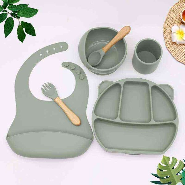 

f1cb 6pcs toddler silicone tableware waterproof infant bibs baby suction plates kits food grade silicone material g1210