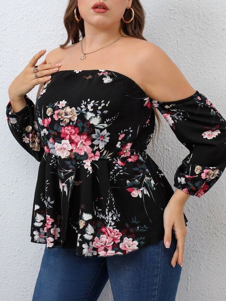 

plus floral print off shoulder peplum hem blouse 29jo#, Black