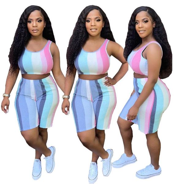 

women's tracksuits sports style clothing fashion vest short blue stripes print sleeveless off shoulder tight fitting two piece set, Gray