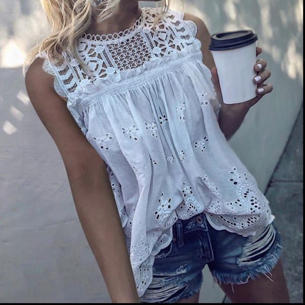 

boho inspired women shirt white hollow out blouse plus size ladies cotton sleeveless casual summer