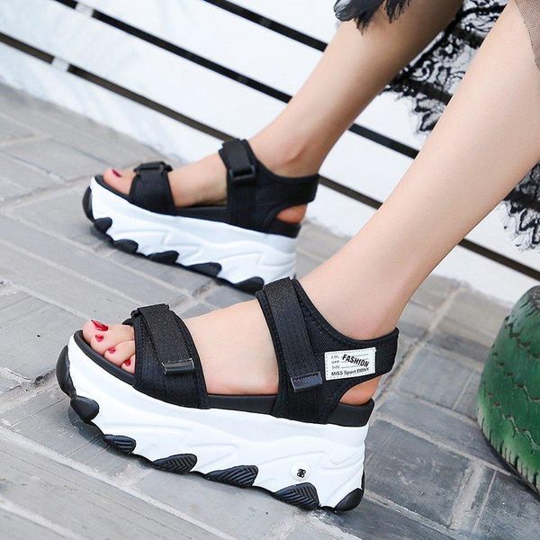 

summerwomen chunky platform sandals 8cm high heels casual shoes mesh designers woman hook loop wedge fashion sandal ladies, Black