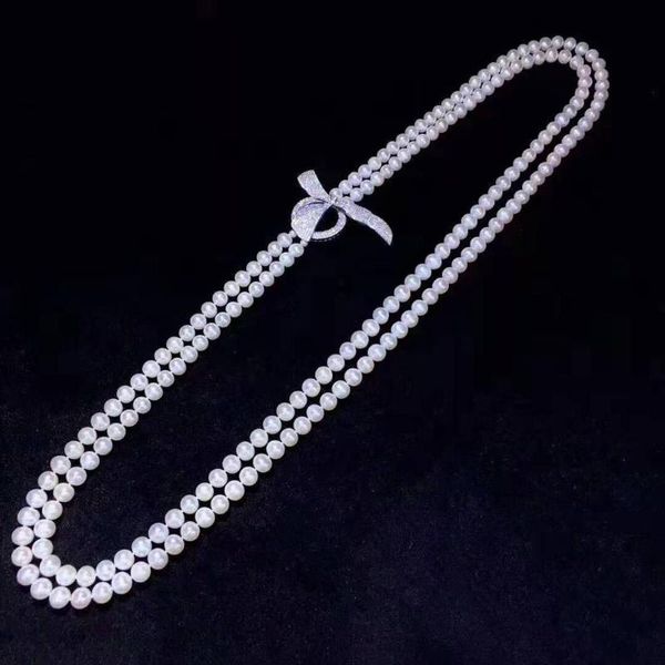 

chains hand knotted natural 80-90cm 2 strands 8-9 white freshwater pearl micro inlay zircon accessories clasp necklace fashion jewelry, Silver