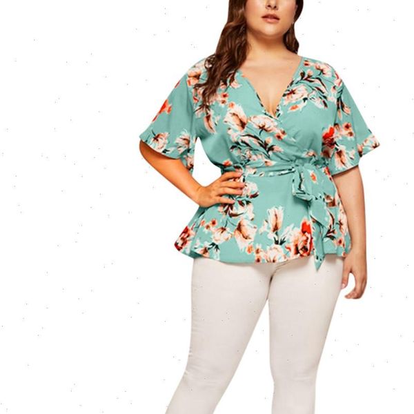 

plus size womens blouses v neck floral print flare sleeve belted surplice peplum and blusas feminina bl4, White