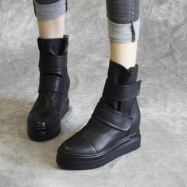 

boots female genuine cow leather woman shoes ankle black high heels height increasing riding footwear normal size 2021