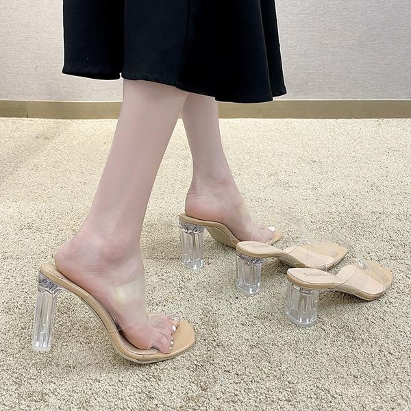 

slippers casual female shoes square heel women heels glitter slides luxury 2021 soft summer block high jelly transparent rome ru, Black