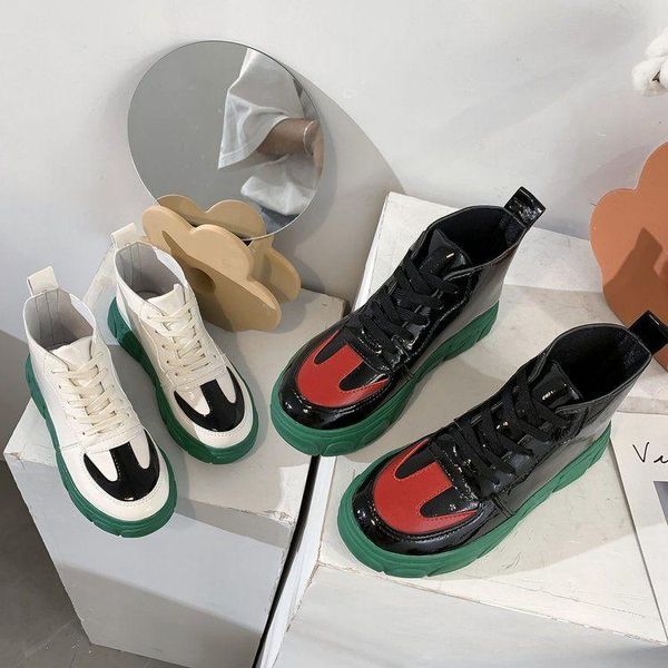 

boots 2021 winter woman fashion ankle platform women's chunky sneakers patent leather shoes women flat, Black