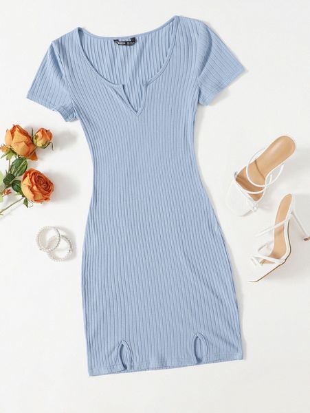 

solid notched neck rib-knit dress p7yl#, Black;gray