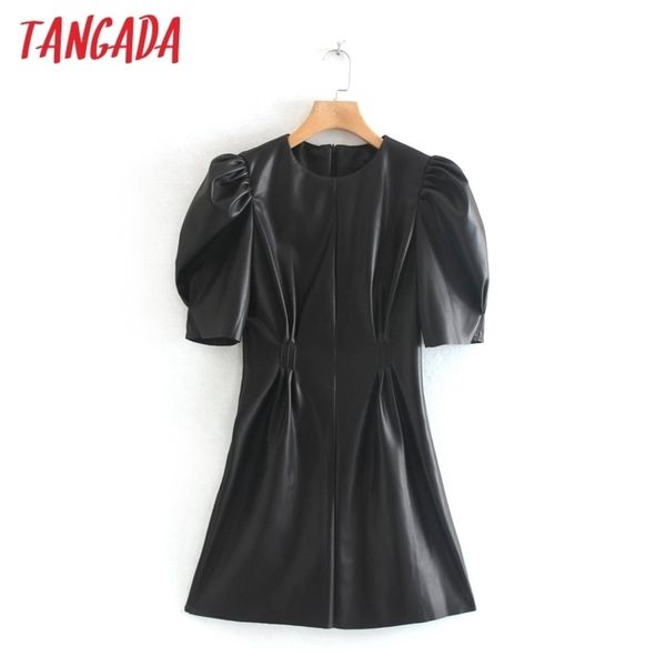 

tangada women black faux leather dress vintage short sleeve zipper female pleated tunic mini dress 2w92 210322, Black;gray