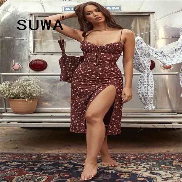 

wine floral dress women prairie chicken spaghetti straps backless chest draped lace up side split long dresses 210525, Black;gray