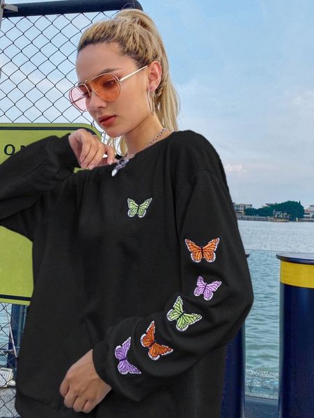 

butterfly embroidered drop shoulder sweatshirt b9ex#, White;black