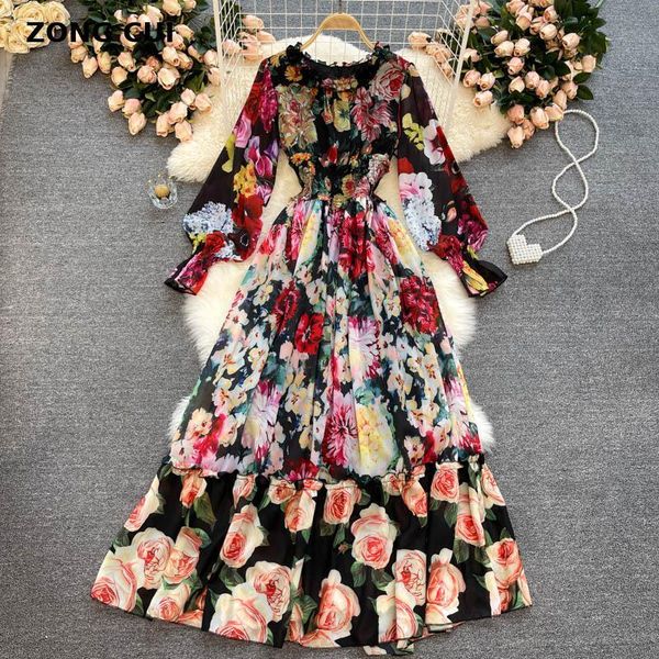 

casual dresses runway women ruffle collar long puff sleeve high waist elegant luxury maxi dress autumn vestidos quality, Black;gray