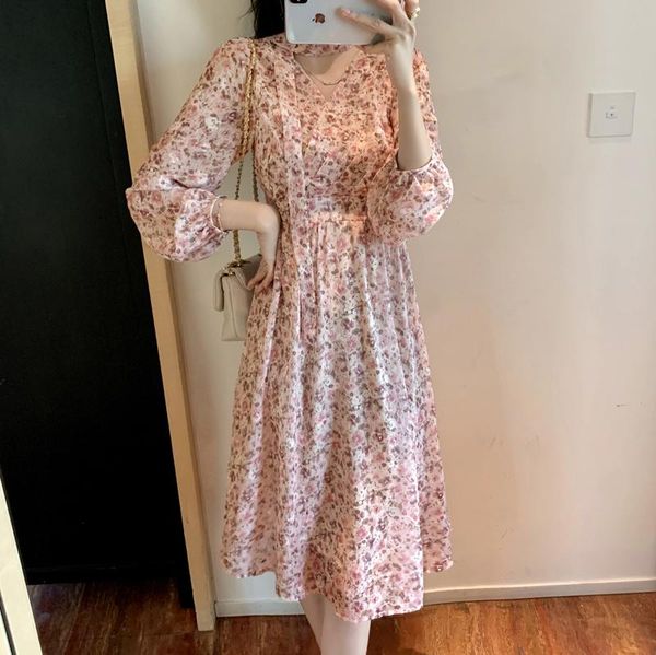 

casual dresses coigarsam women long dress autumn 2022 floral print chiffon high waist v-neck cherry blossom yellow robe, Black;gray
