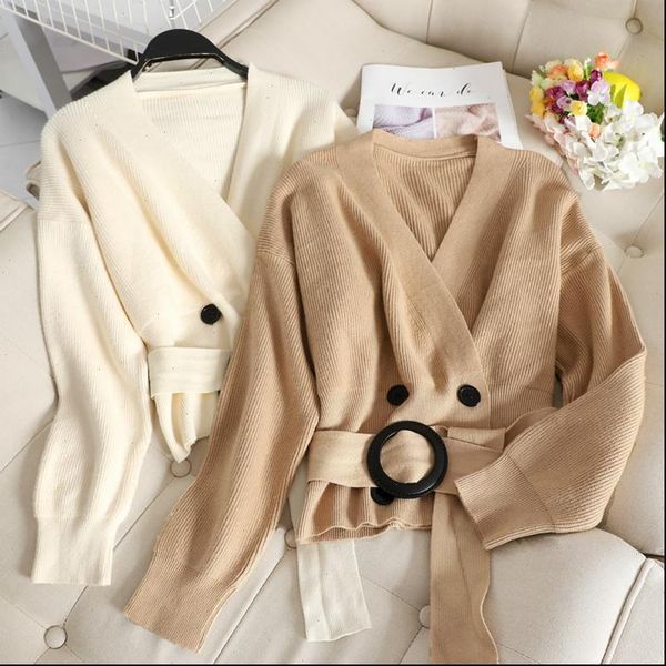 

womens sweater long sleeve v neck pull femme casual belt short knitted cardigan women apricot black botton warm korean ladies, White;black