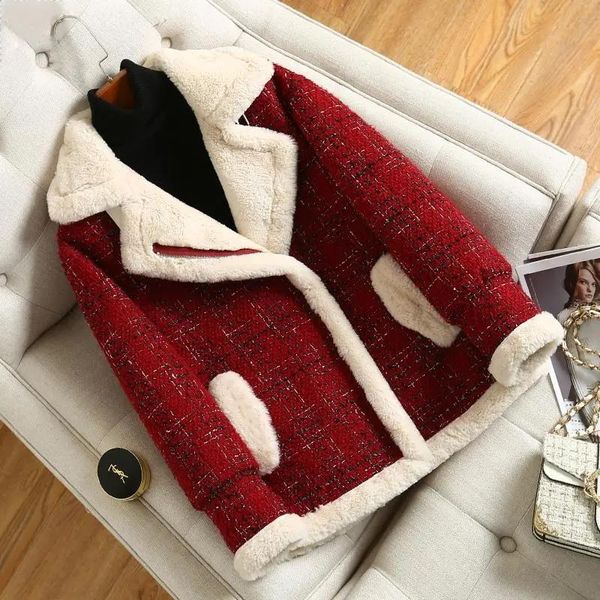

women's wool & blends winter thicken add velvet tweed coat women 2021 korean fashion zipper long sleeve woolen jacket vintage warm plus, Black