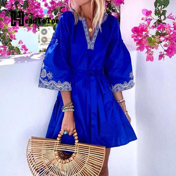 

casual dresses solid crochet embroidery sashes bohemian folk for women three quarter sleeve v neck above knee a-line dress, Black;gray