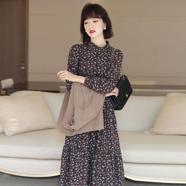 

french romantic long skirt medium length floral dress women's 2021 spring small new, Black;gray