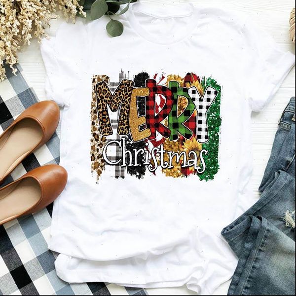 

women lady 90s plaid letter leopard year winter merry christmas tshirt female graphic clothes shirt t tee, White