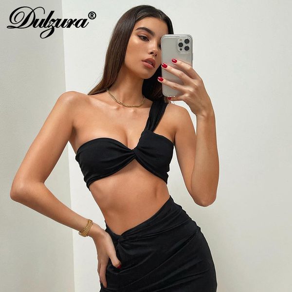 

solid women two piece set one shoulder crop tanks mini skirt high slit bodycon party club elegant 2021 summer, Black;white