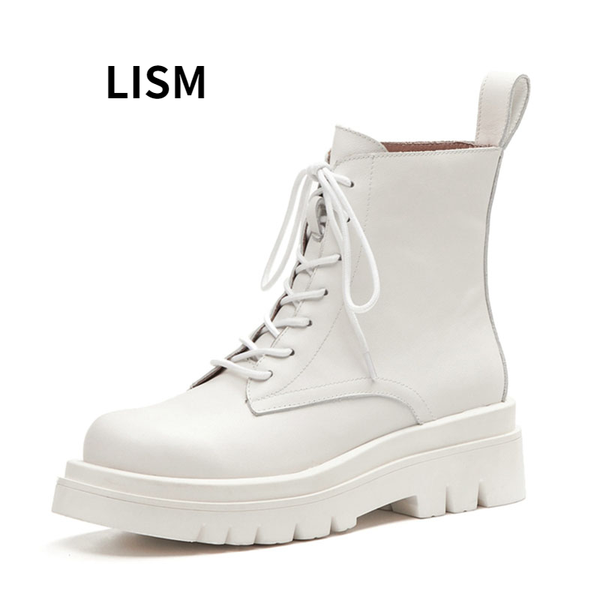 

lism size 34-43 2021 ins woman real leather ankle boots fashion shoes woman short winter warm boots platform heel footwear, Black