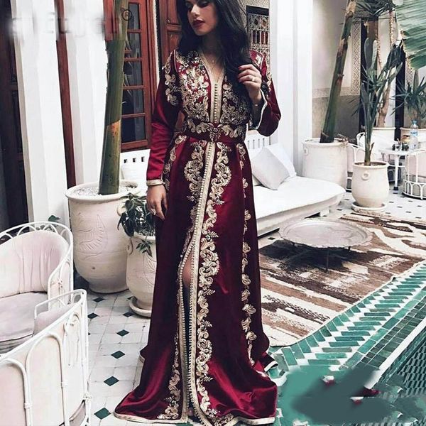 

elegant burgundy moroccan kaftan formal evening dresses a line 2022 long sleeves gold lace appliques muslim prom dress arabic muslim special, Black;red