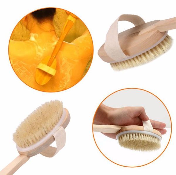 Ahşap Temizleme Fırçaları Doğal Kıl Vücut Fırçası Masaj Banyo Duş Fırçası Uzun Sap Spa Spa Scrubber 7*42cm