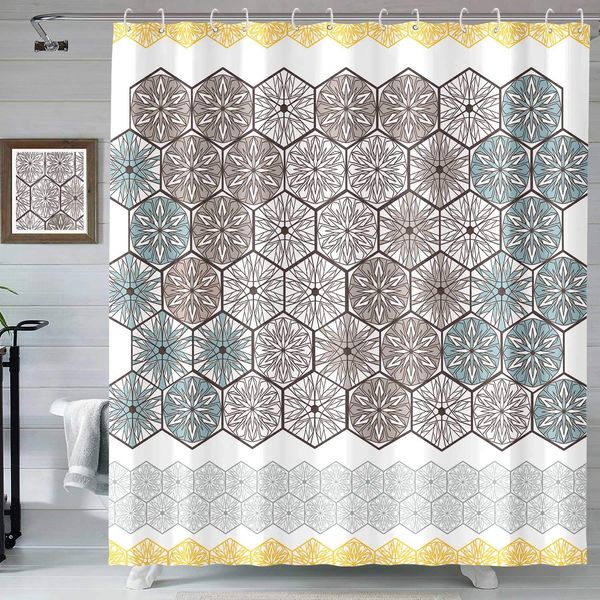 

geometric shower curtain, gray and teal and gold boho bathroom decoration hexagon pattern shower curtains, 72Ã72 inch