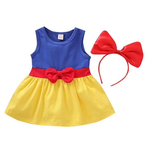 

girl's dresses 0-5y infant baby girl summer clothes sleeveless round neck color block dress+bow headband 2pcs kids clothing, Red;yellow