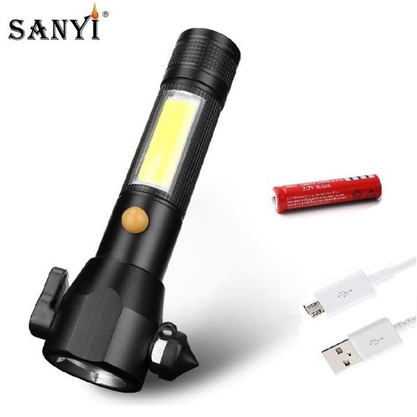 

rechargeable 18650 xml t6 cob led torch camping lantern seat belt cutter rescue hammer light for emergency safety flashlights tor torches