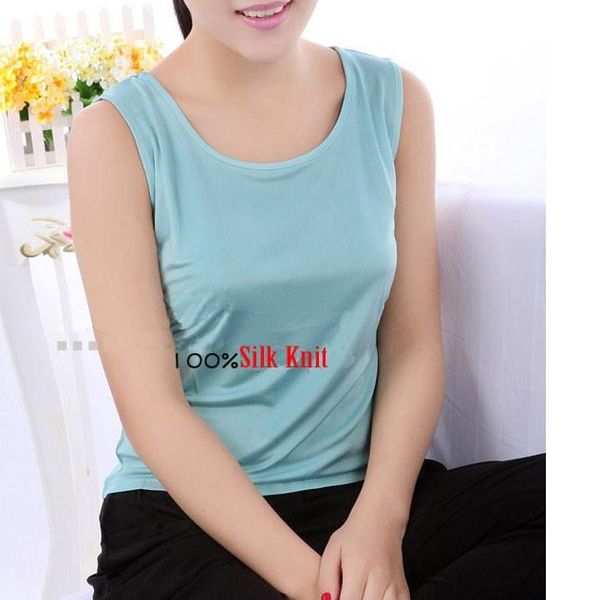 

women's tanks & camis women 100% pure silk knit lady o neck tank sleeveless bottoming shirt white green black size  l xl xxl