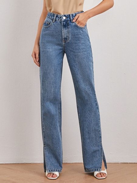 

basics high-waisted slant pocket split hem vintage straight jeans u2ow#, Blue