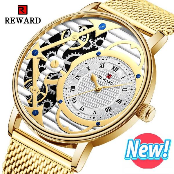 

wristwatches reward roman watch men fashion sport mens watches gold quartz casual steel waterproof clock 2021, Slivery;brown